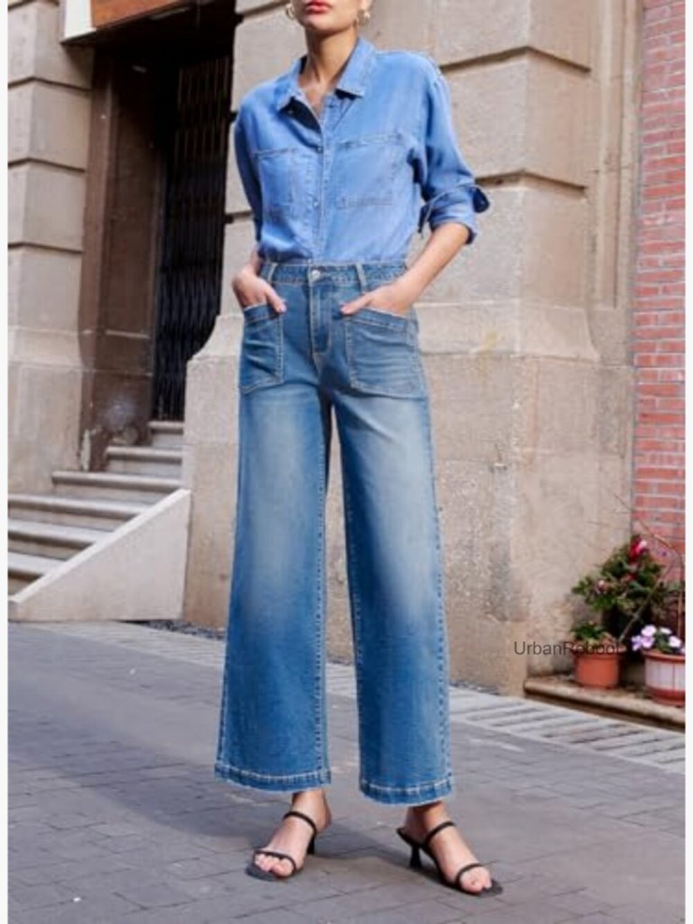 High Waisted Wide Leg Stretchy Jeans Straight Leg Ankle Denim Pants - Picture 3 of 7
